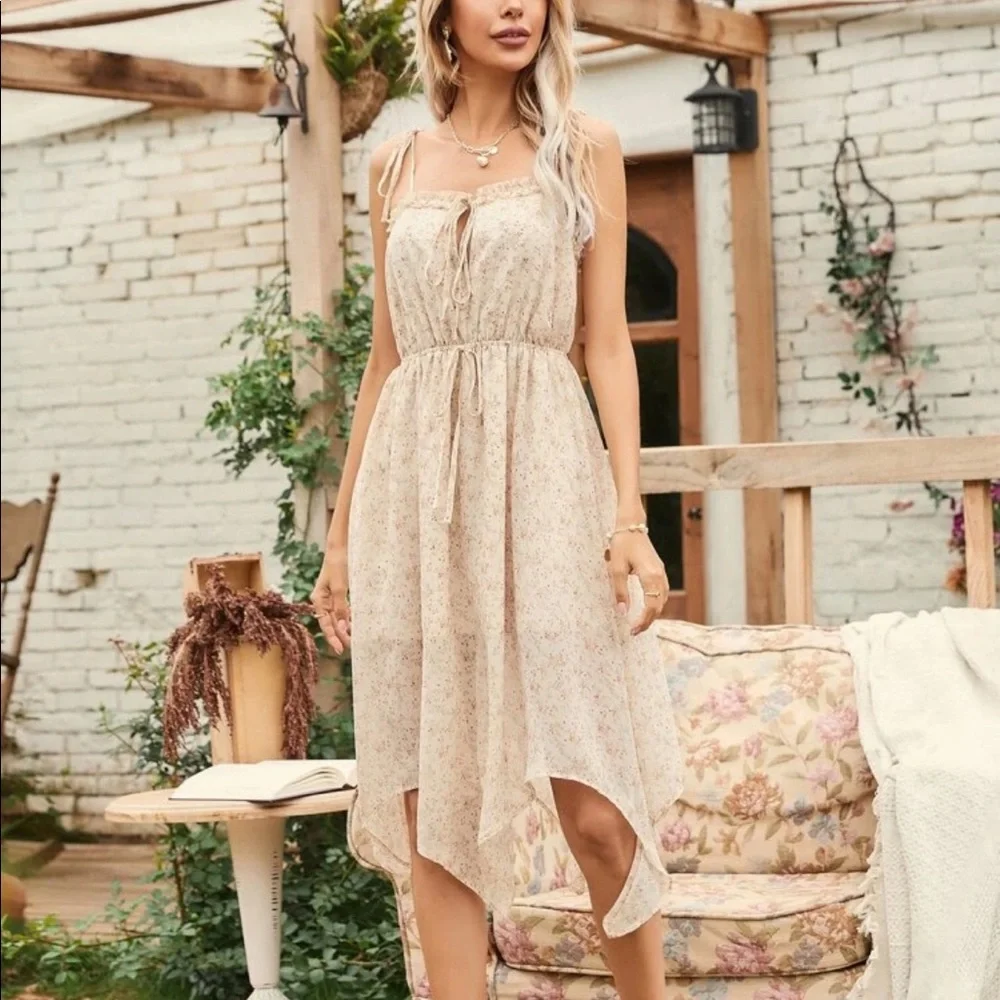 Floral dress ruffle chiffon flower womens summer floral garden dress cream - Picture 6 of 6